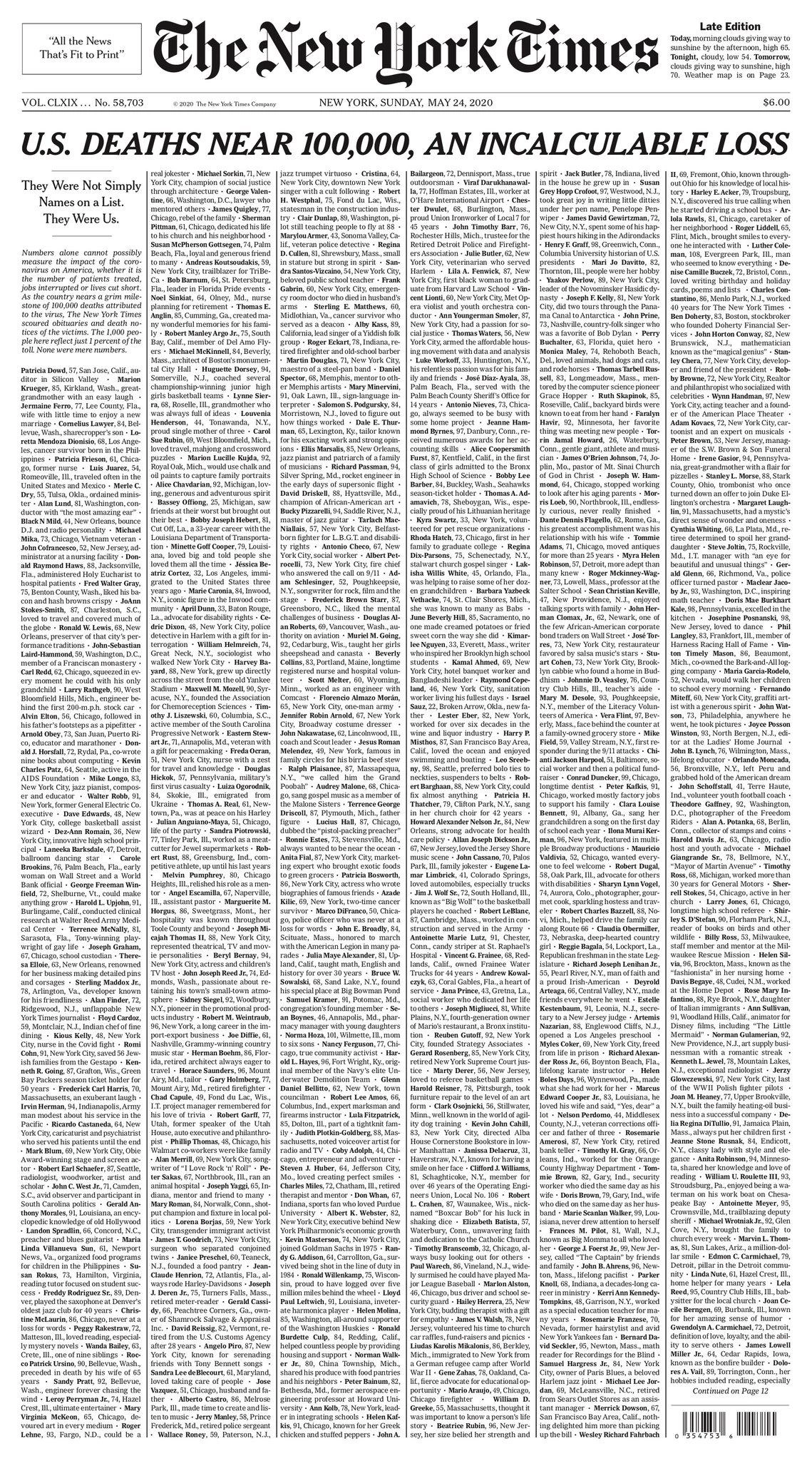 U.S. Deaths Near 100.000, An Incalculable Loss