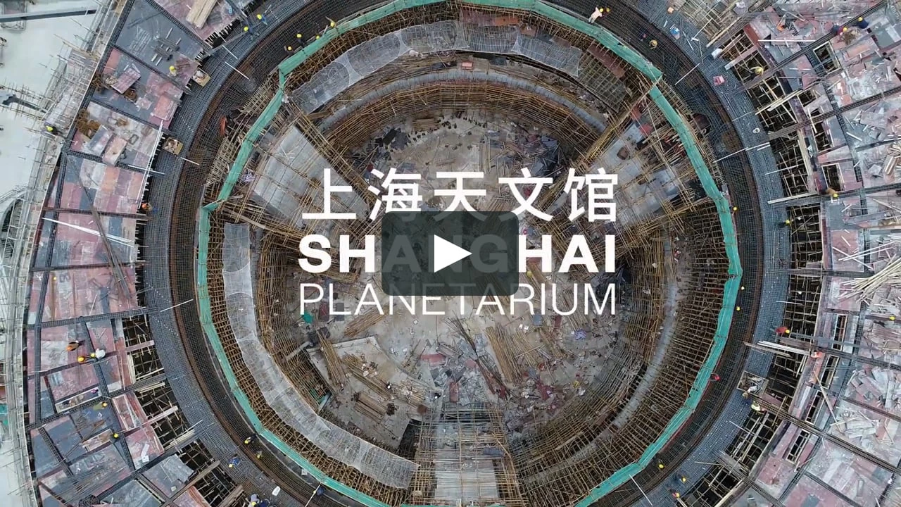 Images taken from a drone show the progress of construction work at the site of the Shanghai Planetarium, designed by Ennead Architects and to be completed in 2020.