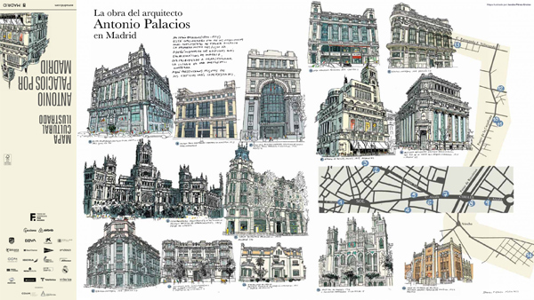Mapa ilustrado con los edificios de Antonio Palacios en Madrid