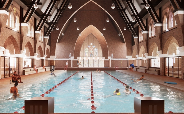 Transformation of church into swimming pool