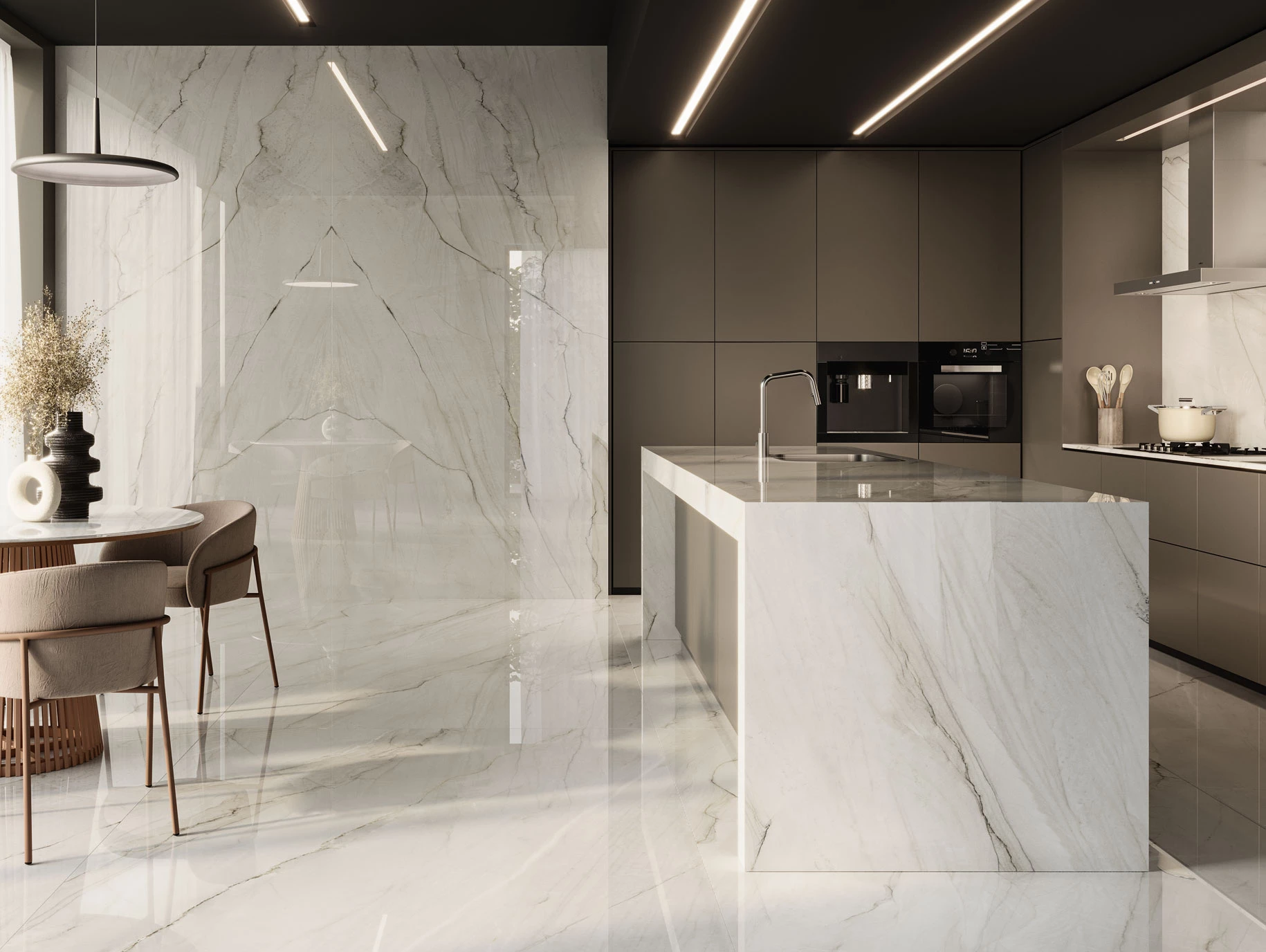 : Colección Montblanc en su versión gloss polished, aplicada a pavimento, revestimiento y encimera de cocina. Imagen: cortesía VENUX 