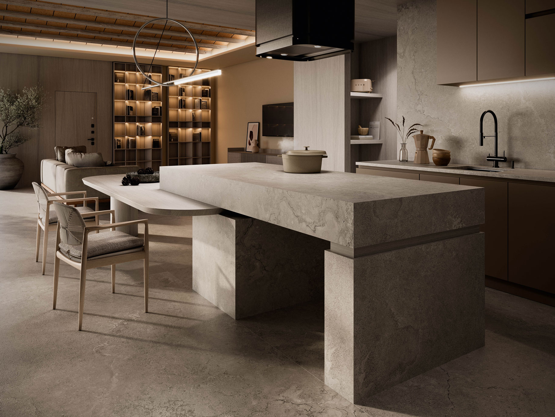 Cocina con la colección Bourgogne Perle de VENUX en formato 3,20x1,60m, en acabado Nature 3D.